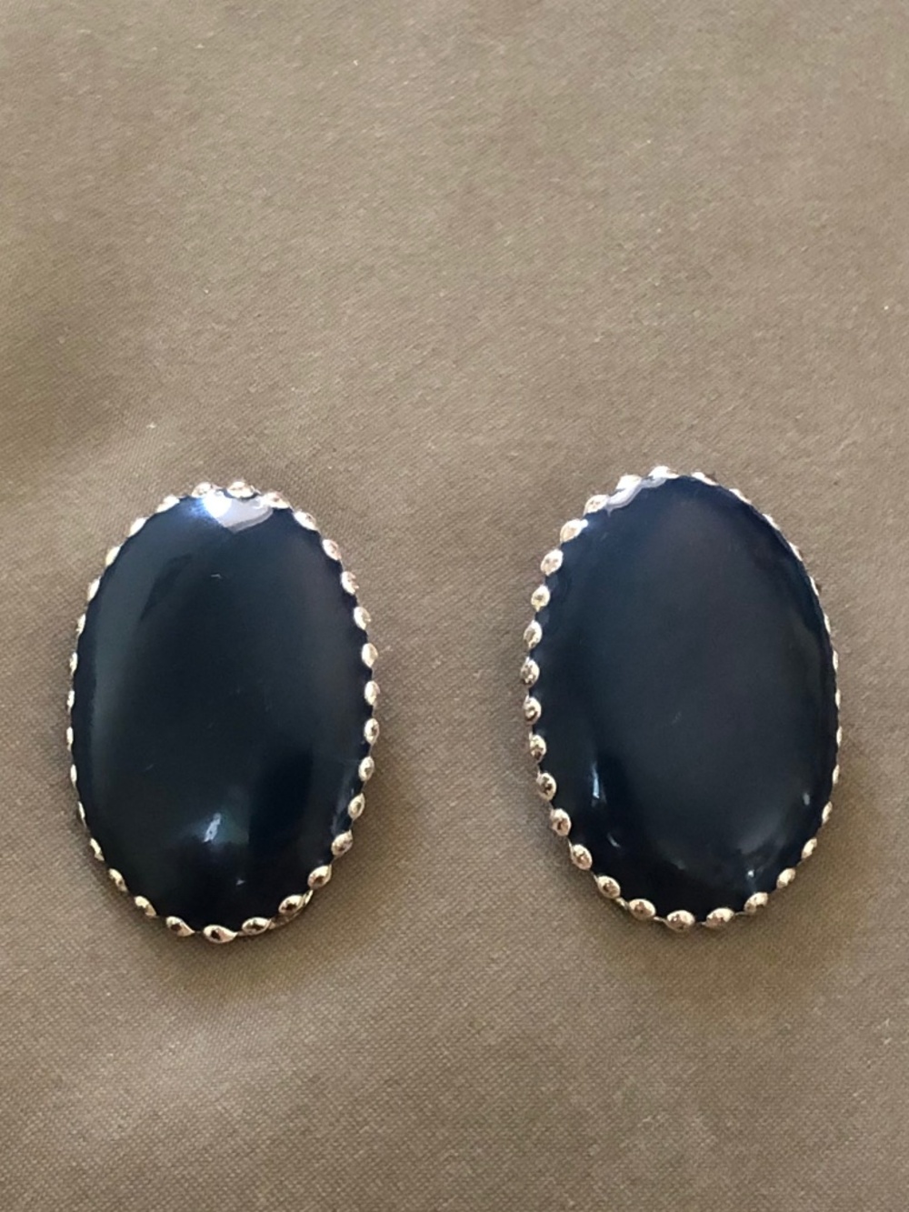 Navy Blue Silver Oval Clip On Earrings